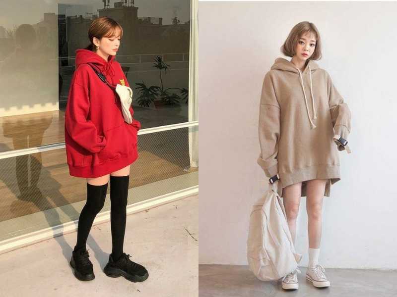 Áo hoodie phối với quần Short theo phong cách giấu quần