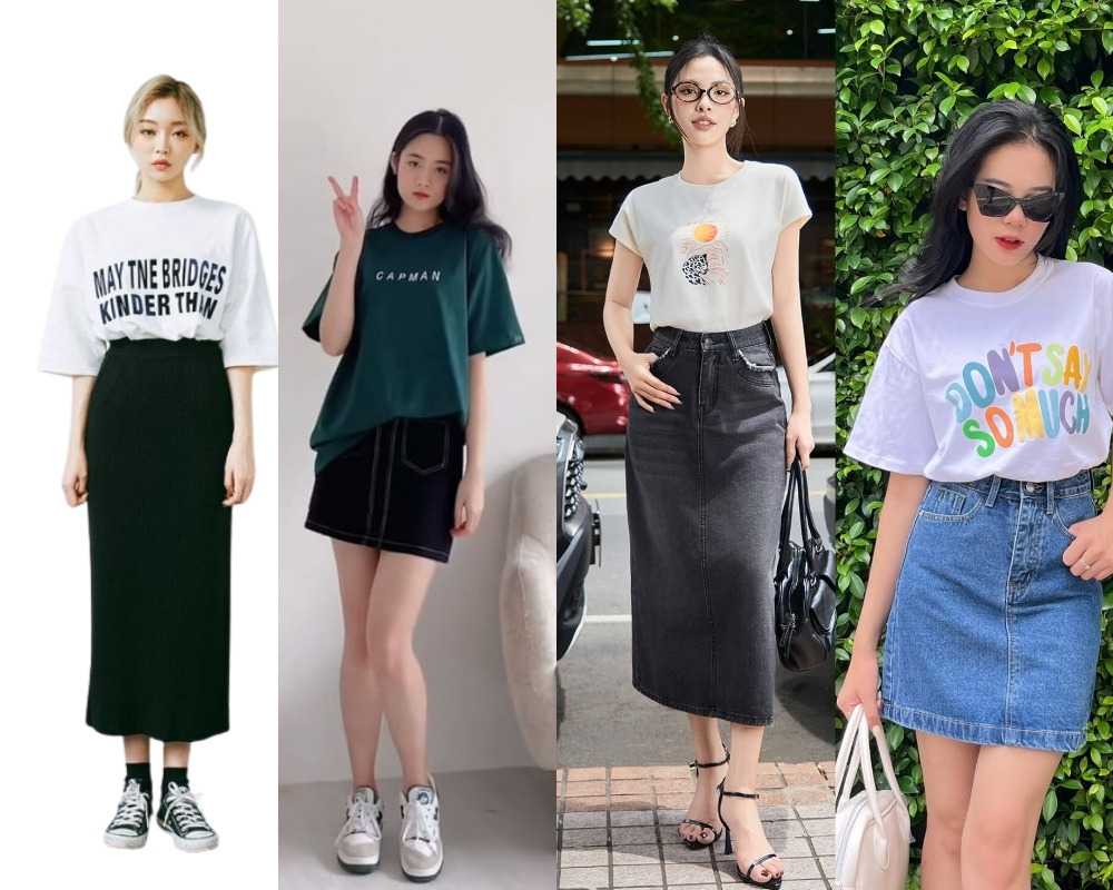 Sự kết hợp giữa áo thun và chân váy rất dễ ứng dụng trong mọi tình huống